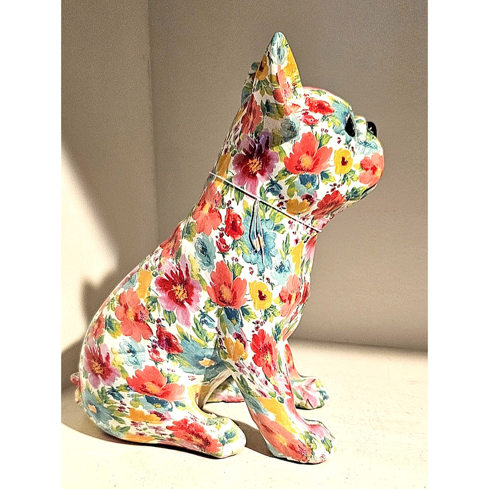 FRENCH BULLDOG WHITE W/ FLORAL/FLOWER PATTERN RESIN FIGURINE 8.75" tall.LAST ONE - Picture 2 of 3